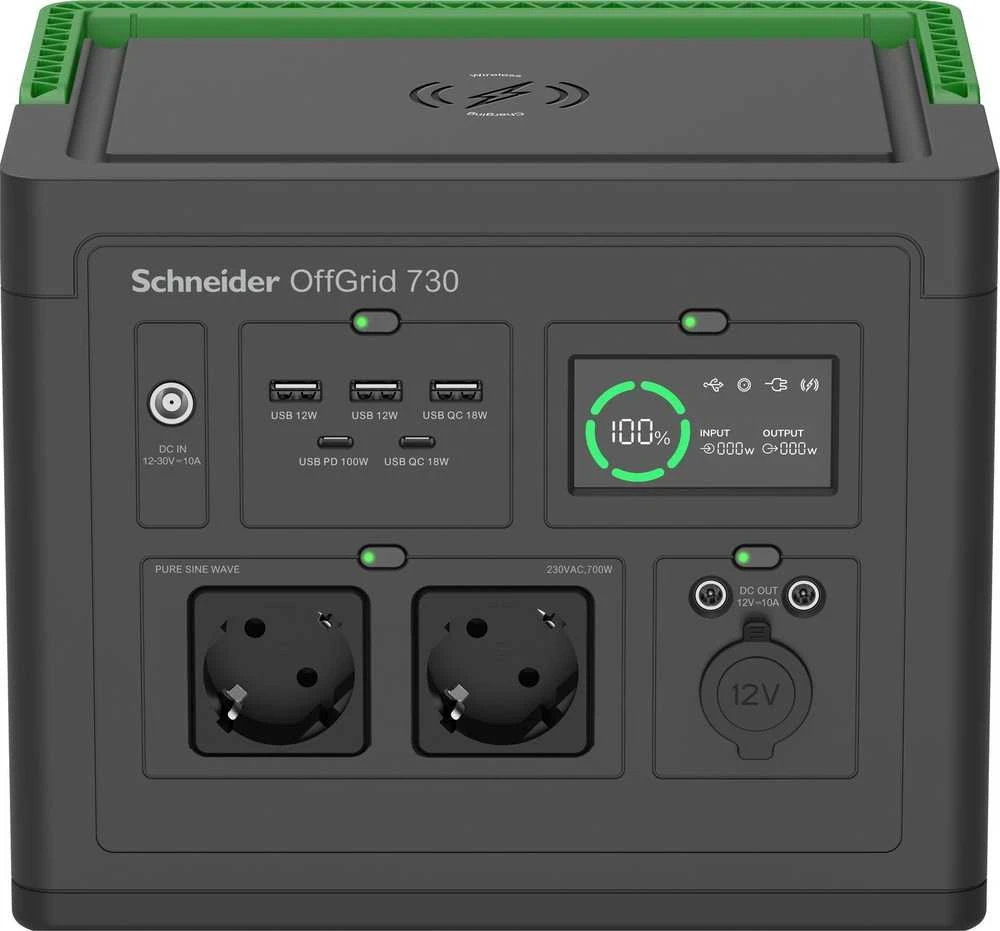„Apc Schneider OffGrid“ nešiojama elektrinė 730, 738 Wh ličio jonų, LCD, 2 CEE 7/3 „Schuko“ lizdai, „Sinewave“, 3 USB-A, 2 USB-C, belaidis įkroviklis
