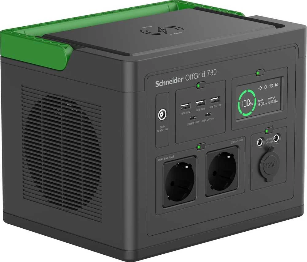 „Apc Schneider OffGrid“ nešiojama elektrinė 730, 738 Wh ličio jonų, LCD, 2 CEE 7/3 „Schuko“ lizdai, „Sinewave“, 3 USB-A, 2 USB-C, belaidis įkroviklis