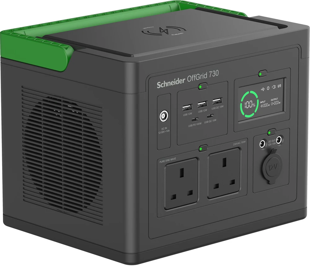 APC SE OffGrid nešiojama elektros stotis 730 – Li-Ion baterija, LCD ekranas, 2x JK kištukiniai lizdai, 3x USB-A, 2x USB-C, 3x 12 V, belaidis įkroviklis, AC, DC, 738 Wh, Power Delivery, Quick Charge 1.0, gryna sinusoidė, 200 W, 190–265 V