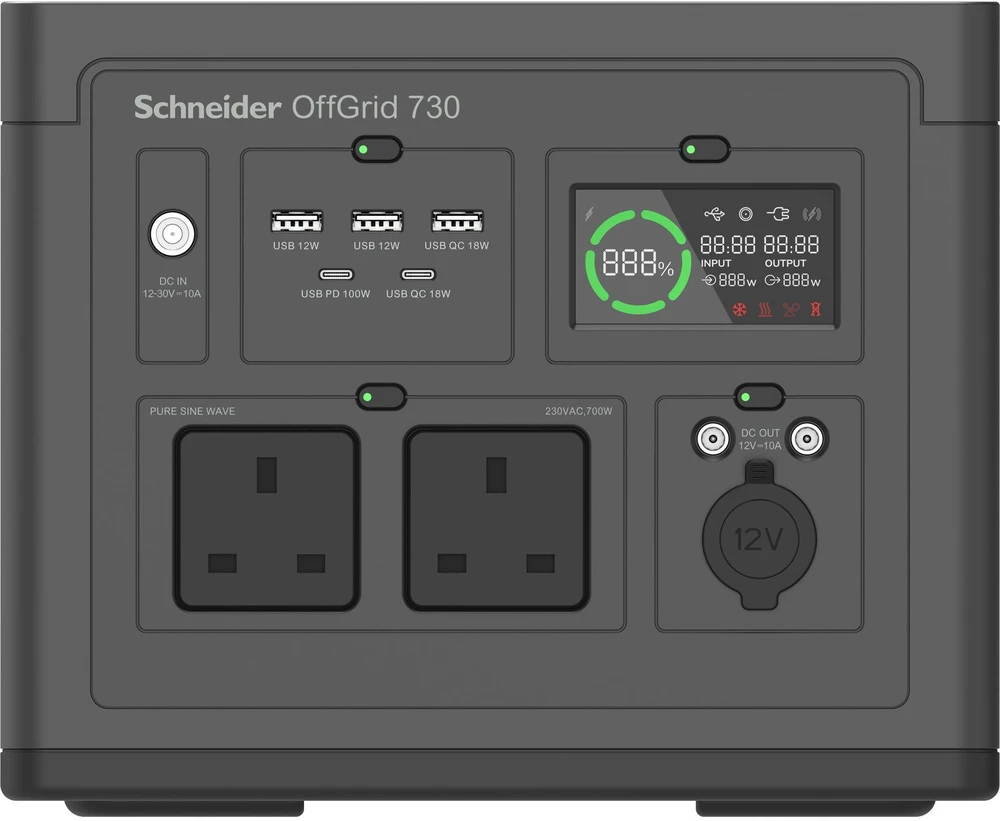 APC SE OffGrid nešiojama elektros stotis 730 – Li-Ion baterija, LCD ekranas, 2x JK kištukiniai lizdai, 3x USB-A, 2x USB-C, 3x 12 V, belaidis įkroviklis, AC, DC, 738 Wh, Power Delivery, Quick Charge 1.0, gryna sinusoidė, 200 W, 190–265 V