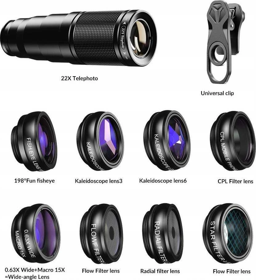 Rinkinys 12w1 Objektyvas 22x Tele / Žuvies akis / Makro 15x / Platus 0.63x / CPL filtras Mobiliesiems telefonams Apexel / Apl-22xdg9