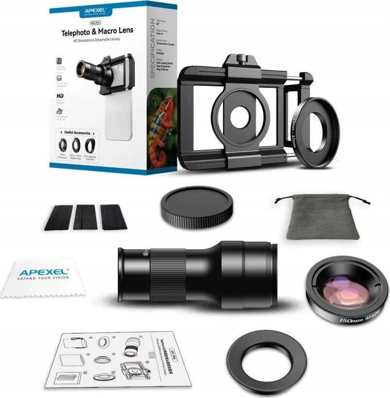 Apexel Objektyvų rinkinys APEXEL 2in1 TELE objektyvas 6x + Makro 150mm telefonams / APL-TM6