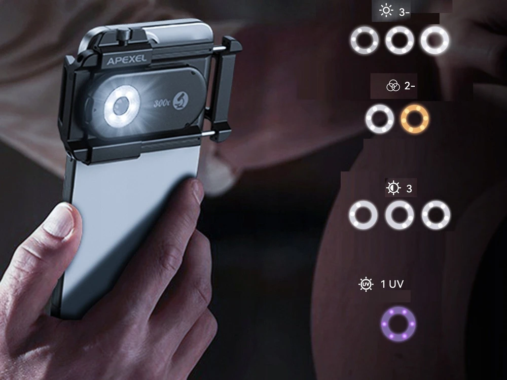 Apexel 300x LED mikroskopo lęšis + CPL filtras telefonui ALP-MS300