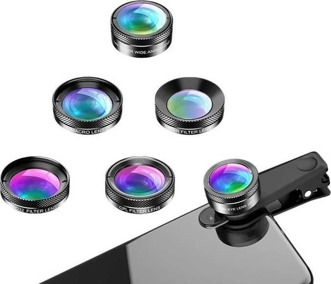Apexel APL-DG6 rinkinys iš 6 telefono objektyvų + universalus dėklas