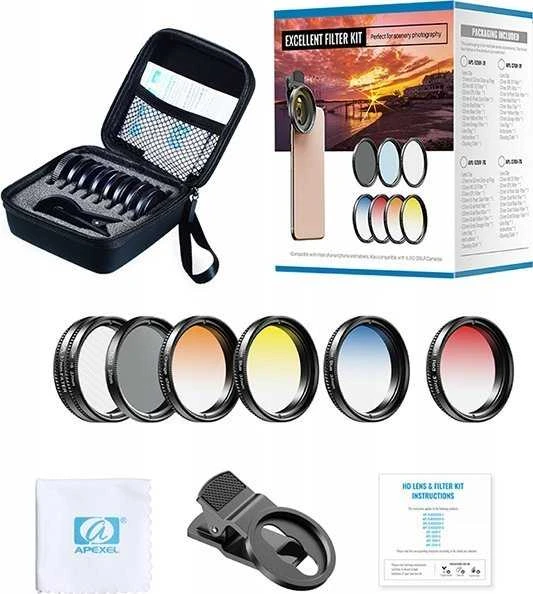 „Apexel Rinkinys“ filtrai 7in1 filtrai Cpl Nd32 Star pusės filtrai telefonams / išmaniesiems telefonams / APL-52UV-7G