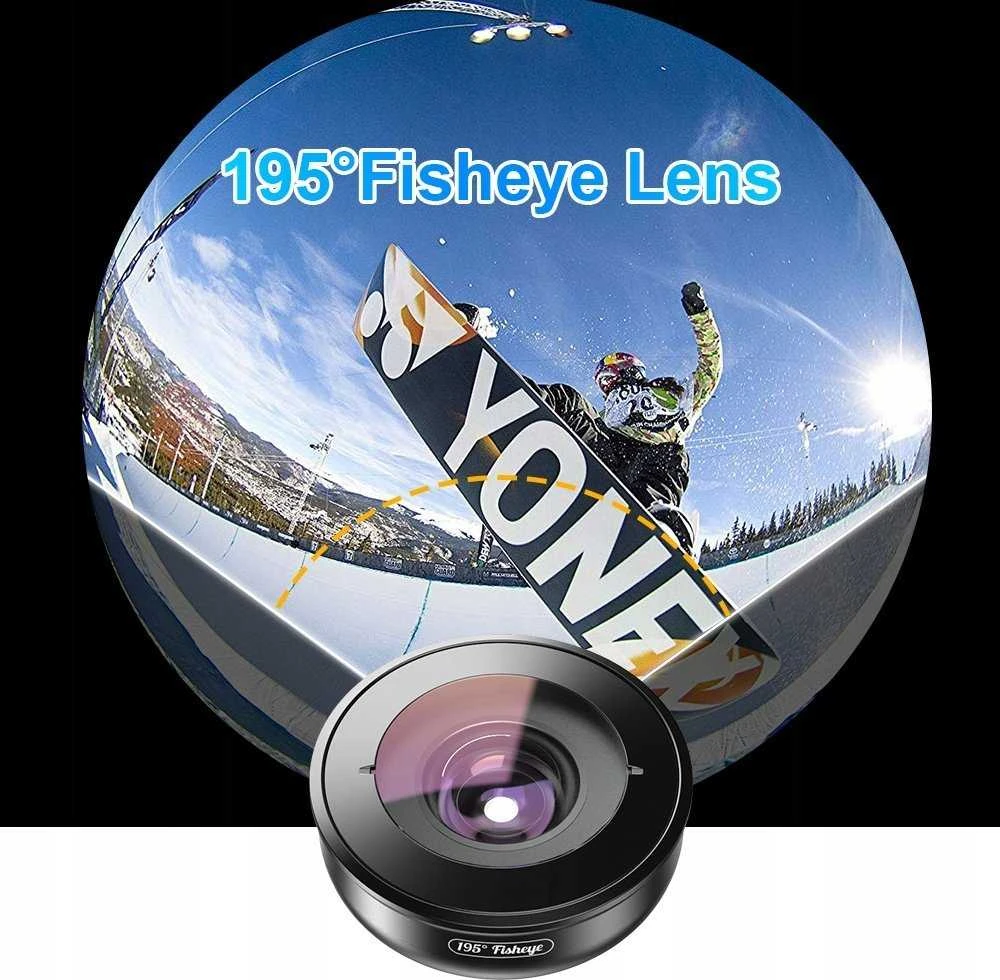 Fotoaparato Objektyvas - Apexel APL-HB195F Fish Eye Lens 195° Matymo Kampas Universalus Klipas