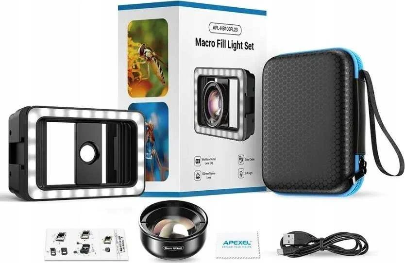Apexel makro objektyvas, skirtas telefono išmaniajam telefonui 100 mm HD + LED lempa 40 / Cri 95+ / Apl-hb100fl23