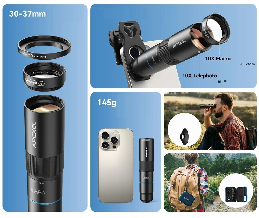 Apexel Objektyvas Zoom Tele 10x + Makro 200mm išmaniesiems telefonams / / Apl-tm10 (SB11886)