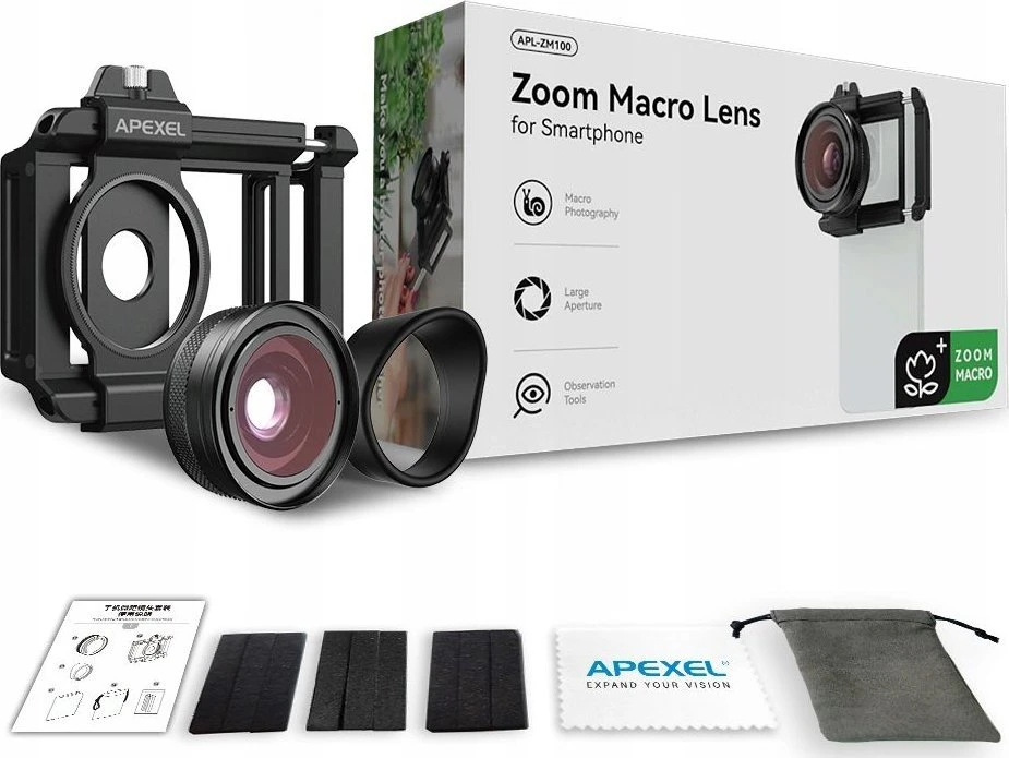 „Apexel Super Macro“ objektyvas HD 10–20 kartų priartinimas išmaniesiems telefonams / „Apl-zm100“