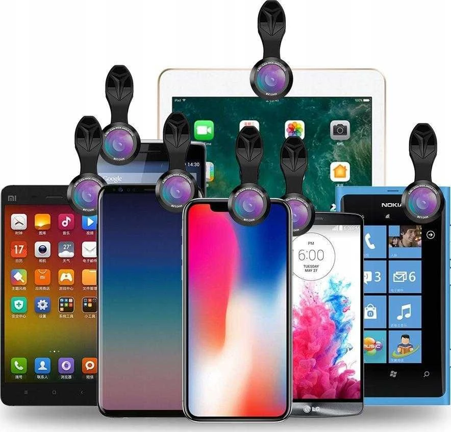 Apexel telefono objektyvų rinkinys su įvairiais įrenginiais