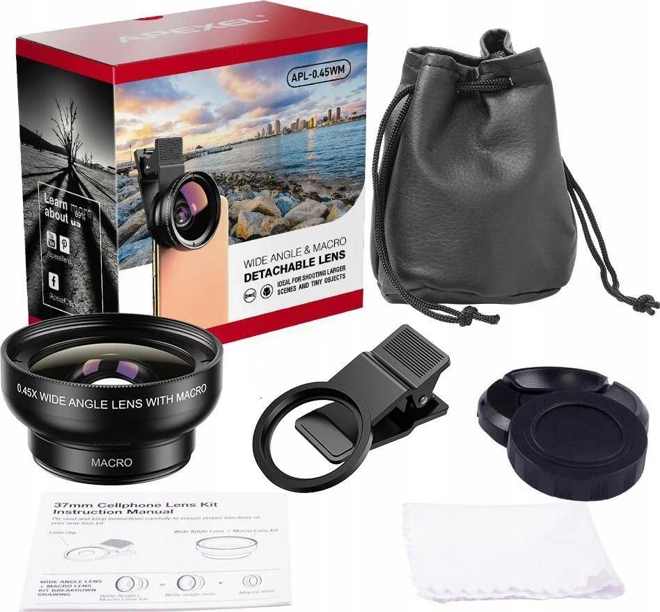 Apexel rinkinys 2in1 objektyvo makro filtras 12,5x ir platus kampas 0,45x, skirtas telefonui / Apl-0,45wm