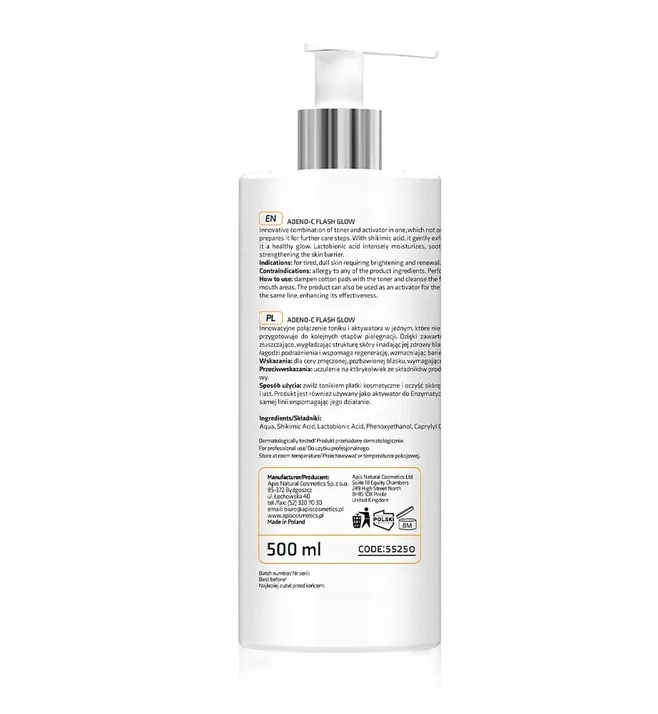 Apis Adeno-C Flash Glow 2 viename skaistinamasis tonikas ir aktyvatorius su šikimikos ir laktobioninėmis rūgštimis, 500 ml