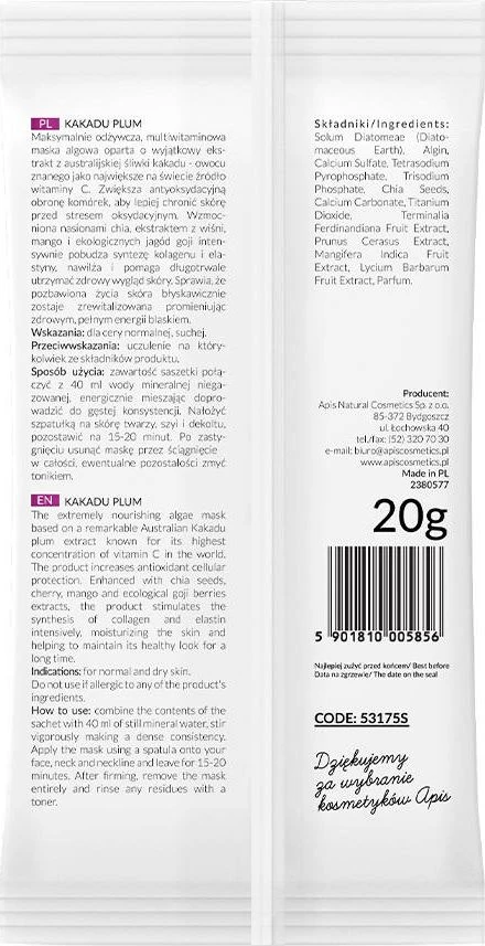 Apis Kakadu Plum slyvų dumblių kaukė su chia sėklomis 20g