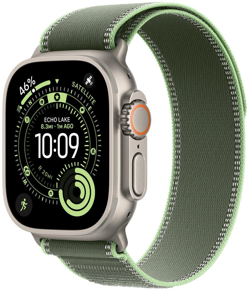 „Apple“ 49 mm „Žalias/Neon Trail Loop“ – M/L dydžio – natūralaus titano apdaila