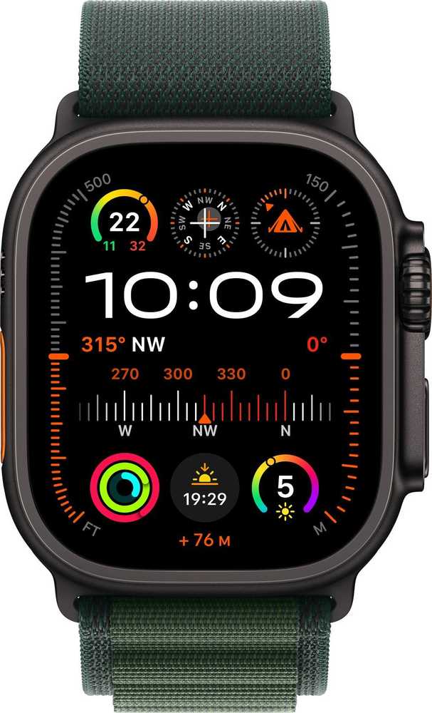 Apple 49mm Dark Žalias Alpine Loop - Large - Juoda Titano apdaila