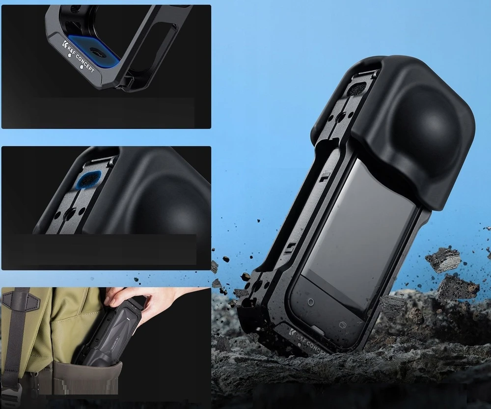 K&F CONCEPT Insta360 X5 aliuminio kameros narvas su silikonine objektyvo apsauga, 2 šaltos batų jungtimis