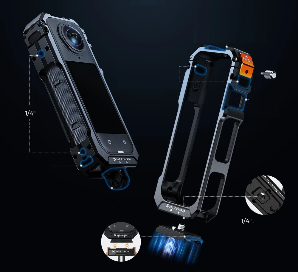K&F CONCEPT Insta360 X5 aliuminio kameros narvas su silikonine objektyvo apsauga, 2 šaltos batų jungtimis