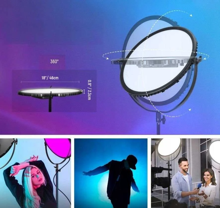 Neewer žiedinė lempa, apvali LED Edge-lit RGB Bluetooth Vlog lempa 65 W 18'' 14 mm / 16 mm / Gr18c