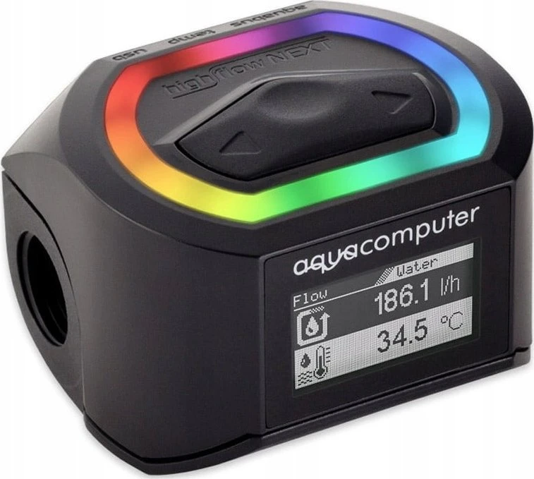 „Aqua Computer“ srauto jutiklis, didelio srauto NEXT, OLED, 2x G1/4, RGBpx, juodas