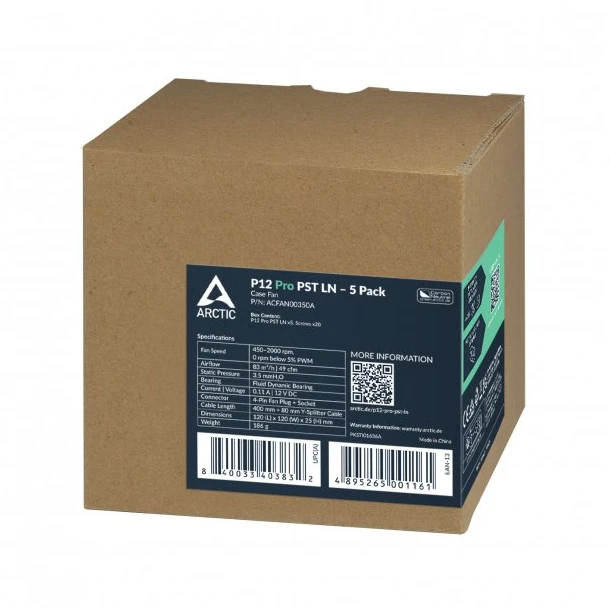 Arctic P12 Pro PST LN korpuso ventiliatoriai – 120 mm – 5 vnt. pakuotėje – Juodas – PWM valdymas – Mažas triukšmo lygis