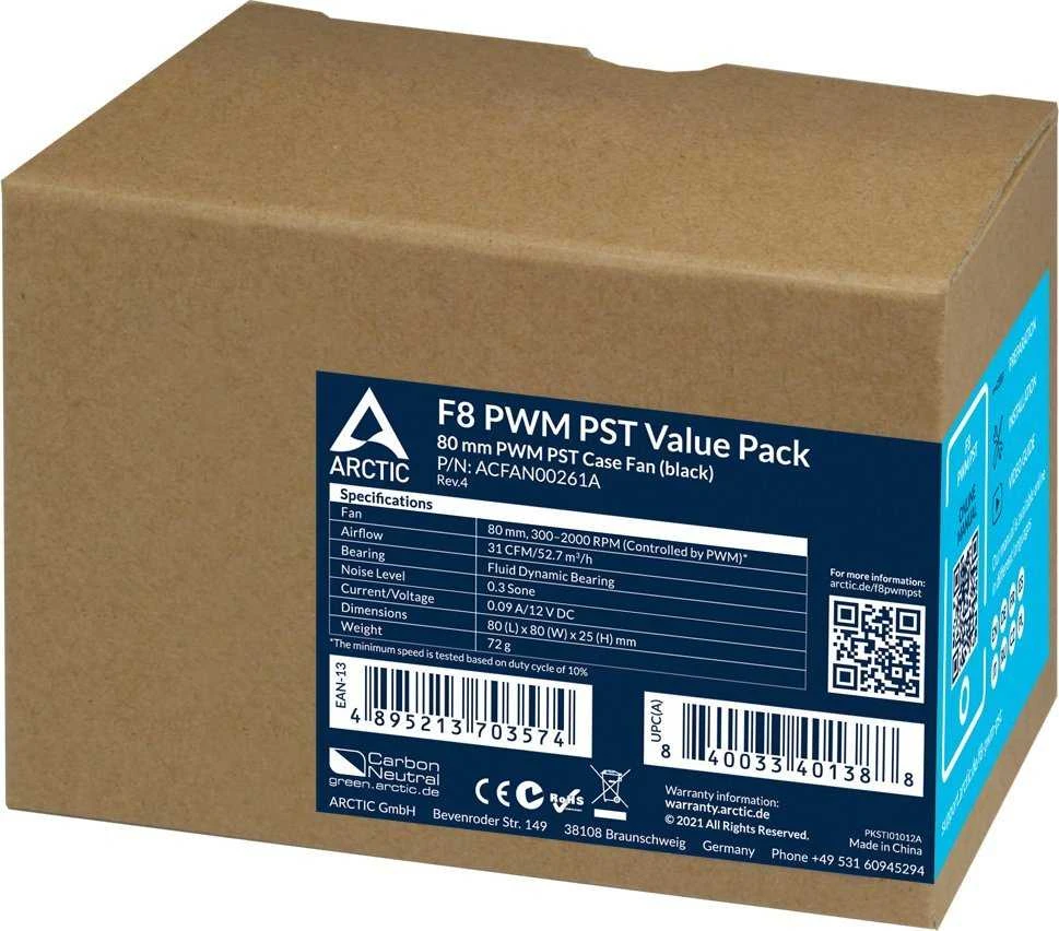 Arctic F8 PWM PST pakuotė su techniniais duomenimis
