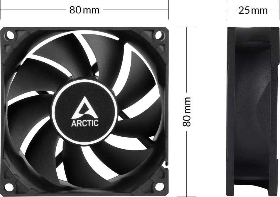 Arctic F8 PWM ventiliatoriaus matmenys