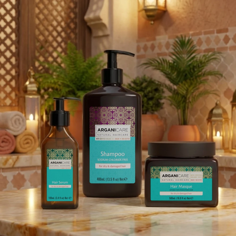 Set Arganicare: Argan Oil & Sviestmedžių aliejumi Hair Šampūnas Repairing & Moisturising, 400 ml + Argan Oil & Sviestmedžių aliejumi Hair Serum Reparative, 100 ml + Argan Oil & Sviestmedžių aliejumi Hair Treatment Kreminis Mask Repair Moisturizing, 500 ml