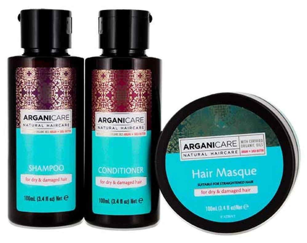 Set Arganicare: Argan Oil & Sviestmedžių aliejumi Hair Treatment Kreminis Mask Repair Moisturizing, 100 ml + Argan Oil & Sviestmedžių aliejumi Hair Šampūnas Repairing & Moisturising, 100 ml + Argan Oil & Sviestmedžių aliejumi Hair Conditioner Repairing & Moisturising, 100 ml