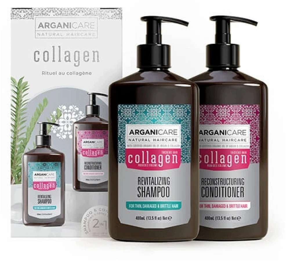 Arganicare rinkinys: Kolageno plaukų šampūnas Revitalizing, 400 ml + Kolageno plaukų kondicionierius Strengthening & Repairing, 400 ml