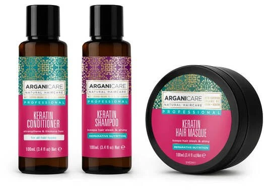 Set Arganicare: Keratin Hair Conditioner maitininantis & Strengthening, 100 ml + Keratin Hair Šampūnas Repairing & maitininantis, 100 ml + Keratin Hair Treatment Kreminis Mask maitininantis & Repairing, 100 ml