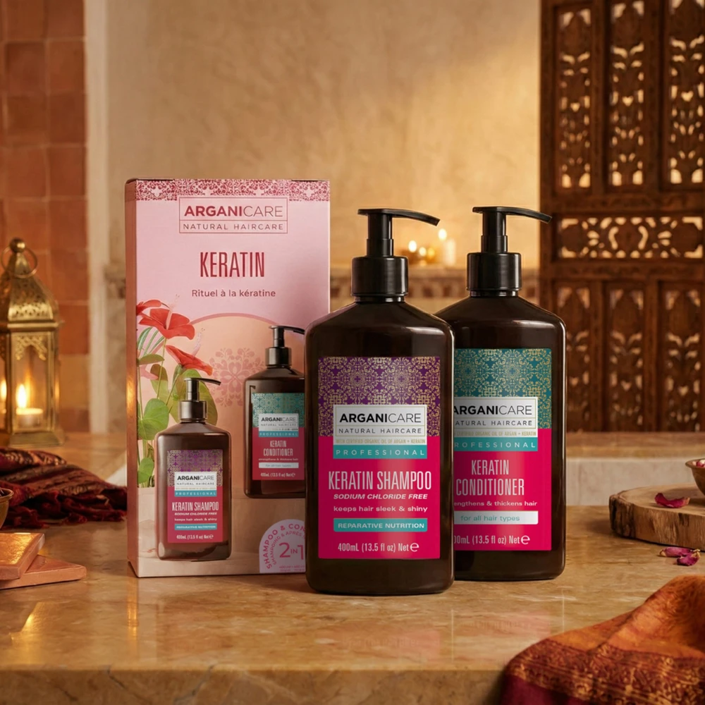 Set Arganicare: Keratin Hair Leave-In Conditioner Shiny, 400 ml + Keratin Hair Šampūnas Repairing & maitininantis, 400 ml