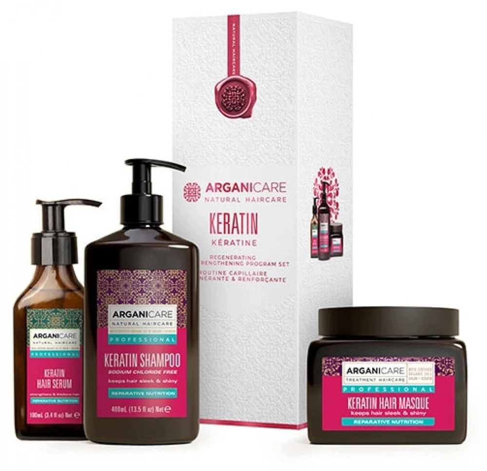 Set Arganicare: Keratin Hair Šampūnas Repairing & maitininantis, 400 ml + Keratin Hair Treatment Kreminis Mask maitininantis & Repairing, 500 ml + Keratin Hair Serum maitininantis & Strengthening, 100 ml