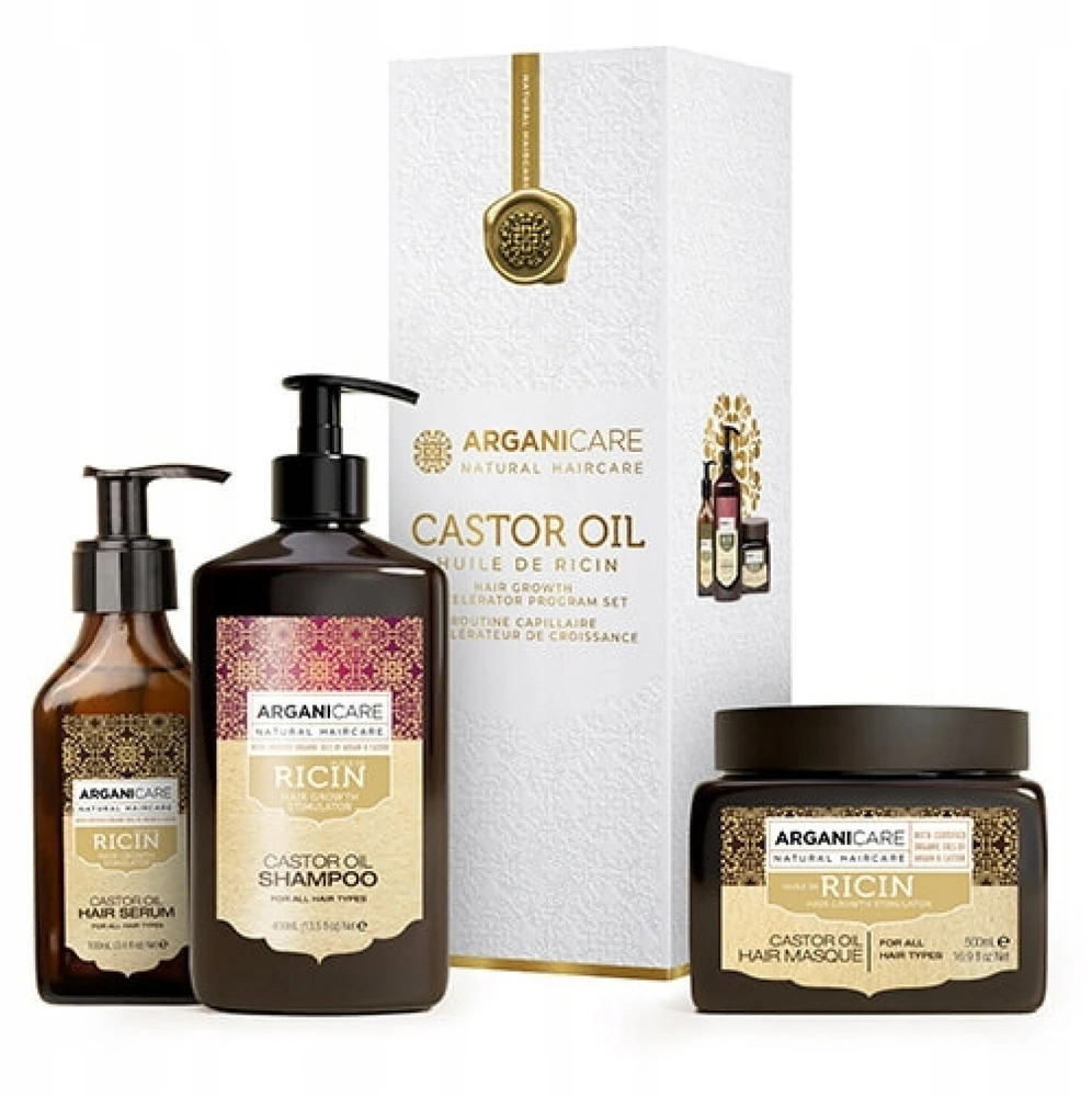 Arganicare rinkinys: Ricin Hair šampūnas plaukų augimui skatinti, 400 ml + Ricin Hair kreminė plaukų kaukė plaukų augimui skatinti, 500 ml + Ricin Hair plaukų augimo serumas, 100 ml