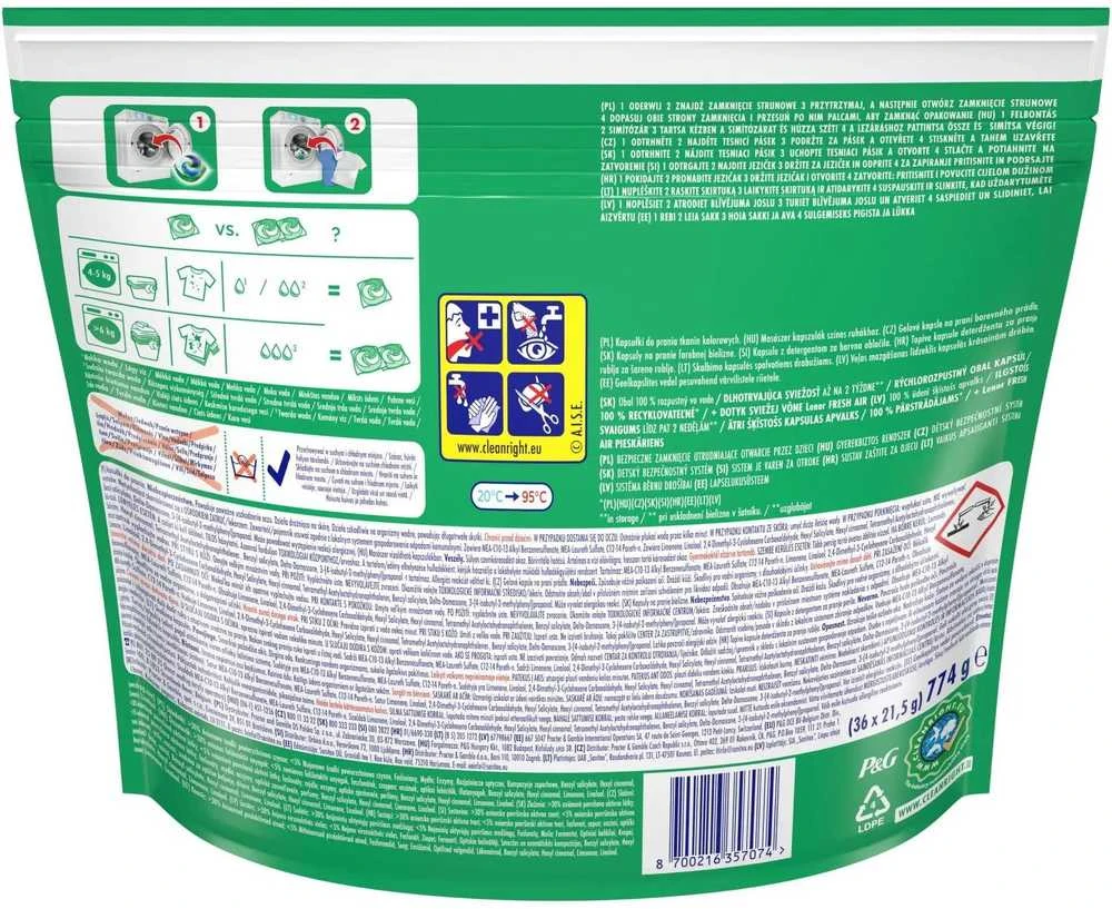 Ariel All-in-1 PODs +Touch of Fresh Air Lenor Skalbimo Kapsulės, 36 Skalb