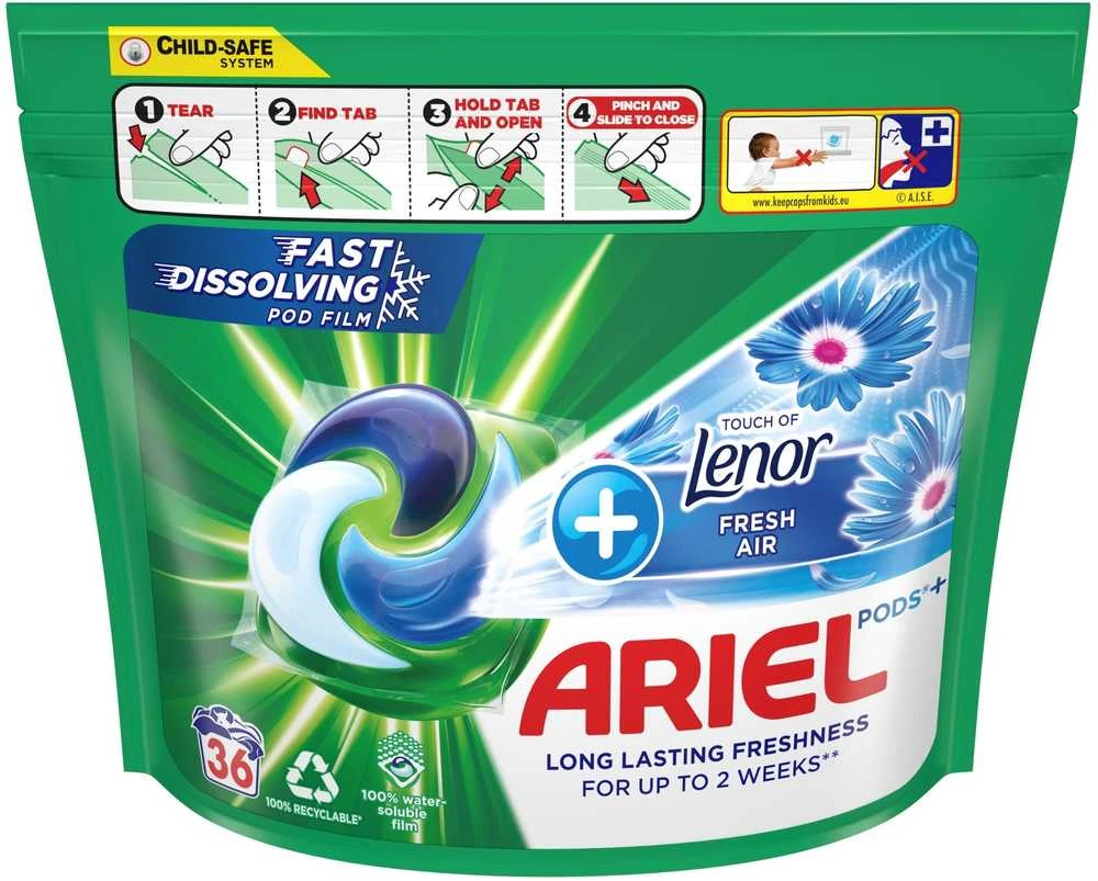 Ariel All-in-1 PODs +Touch of Fresh Air Lenor Skalbimo Kapsulės, 36 Skalb