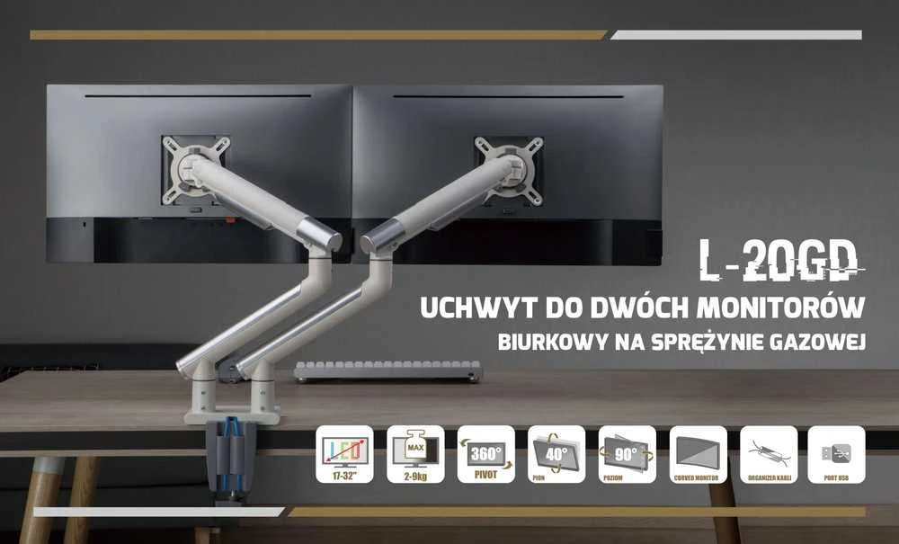ART GAS stalinis laikiklis 2 LED/LCD monitoriams 17–32 colių 2–9kg 2xUSB 3.0 Premium ALU