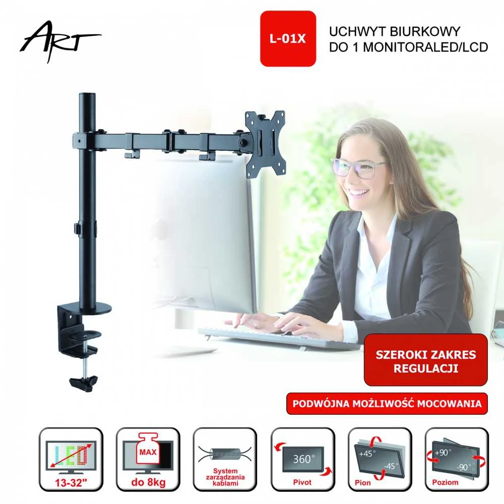 Laikiklis ART RAMM L-01X Desk Holder L-01X Universal for 1 monitorius LCD juodas 13-32 8KG