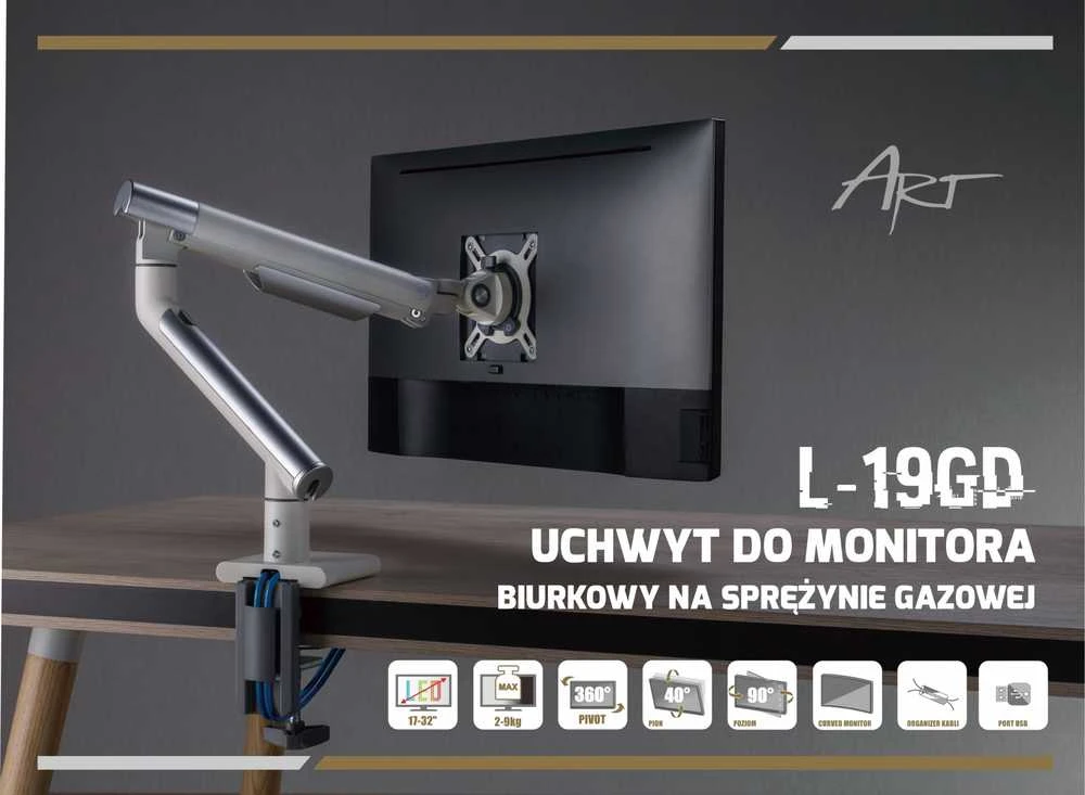 Laikiklis ART GAS DESK MOUNT FOR 1 LED / LCD MONITORIUS 17-32inch 2-9kg 2xUSB 3.0 PREMIUM ALU