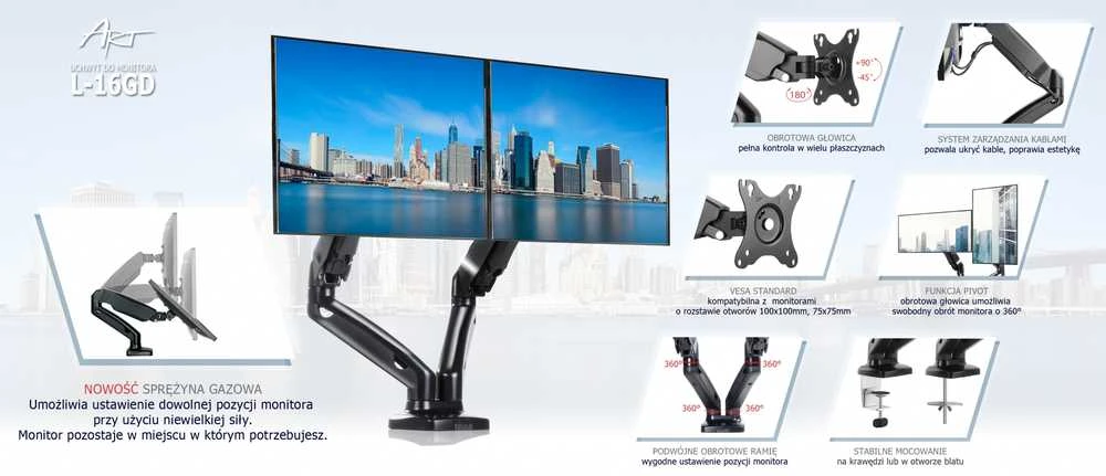ART stalo laikiklis ant dujinių spyruoklių 2 monitoriams LED/LCD 13-27'' L-16GD
