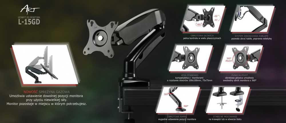 ART RAMM L-15GD ART stalinis laikiklis ant dujinės spyruoklės 1 monitoriui LED/LCD 13-27 L-15GD