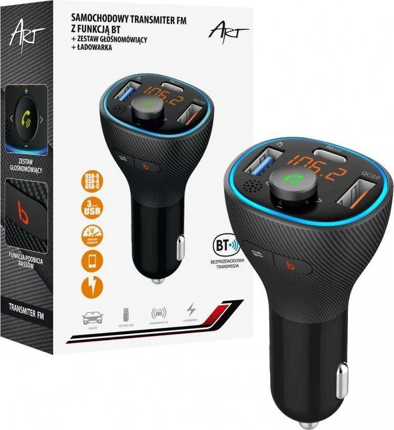 ART transmiter FM bluetooth 5.0 + USB A QC3.0 + Typ C (total 30W) FM-73 juodas
