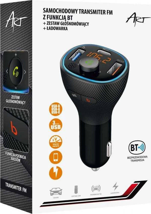 ART transmiter FM bluetooth 5.0 + USB A QC3.0 + Typ C (total 30W) FM-73 juodas