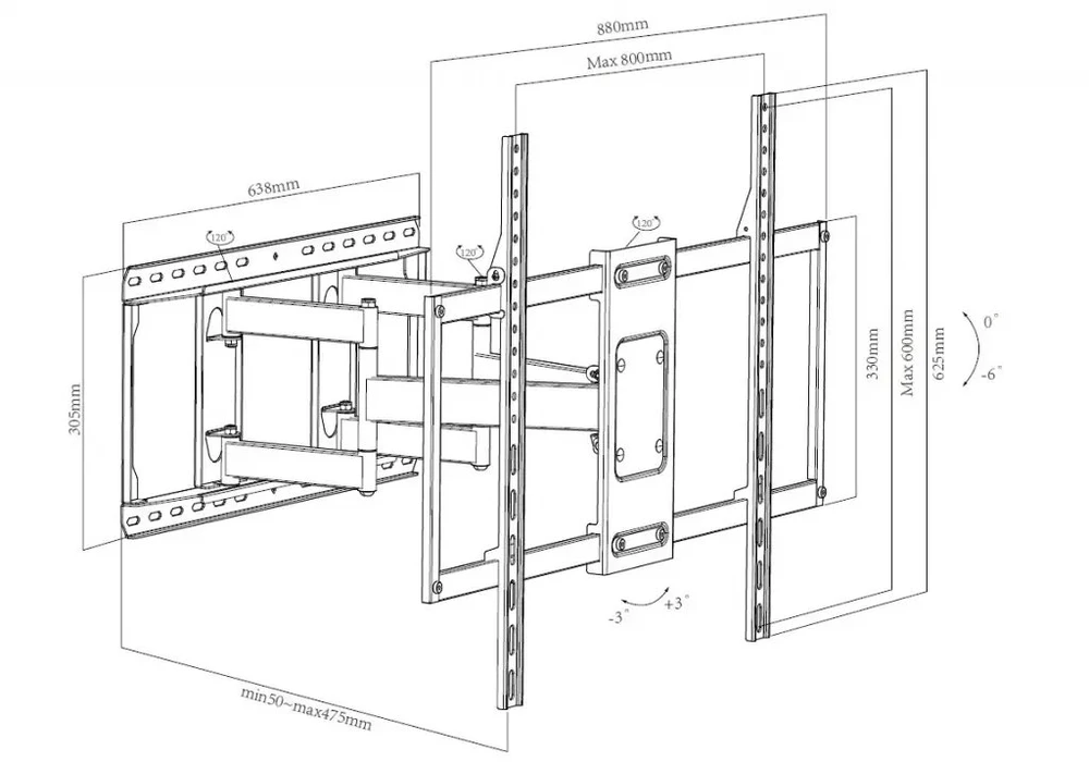 Art TV LED LCD laikiklis 50-120'' 80KG AR-102 reguliuojamas vertikaliai/horizontaliai 50-475mm maxVESA 800x600 (RAMT AR-102)