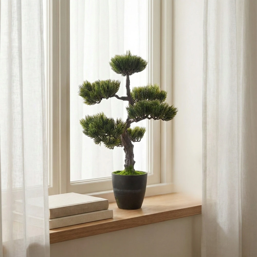 Dirbtinis bonsai medelis tamsiame vazone ant palangės