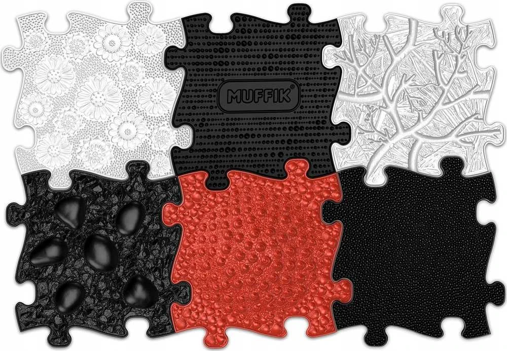 Askato Sensorinis ortopedinis kilimėlis RINKINYS 6v1 BABY B&W 6 DĖLIONĖS SENSORIKA MUFFIK / MFK-023-3