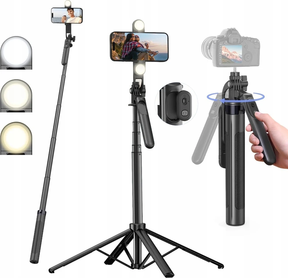 Wozinsky Asmenukių lazda WH181D-Y1S 1.75m aluminum alloy telescopic tripod with dual lamp and phone holder – juodos spalvos
