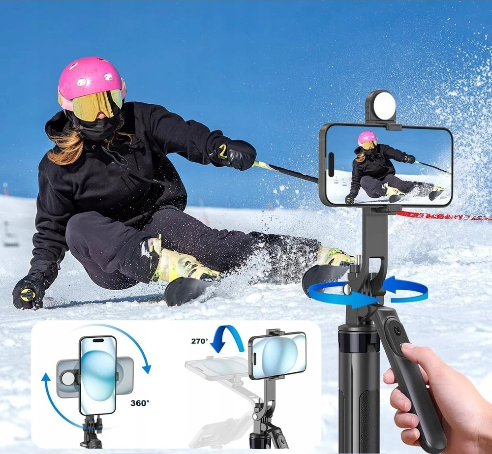 Wozinsky Asmenukių lazda WH181D-Y1S 1.75m aluminum alloy telescopic tripod with dual lamp and phone holder – juodos spalvos