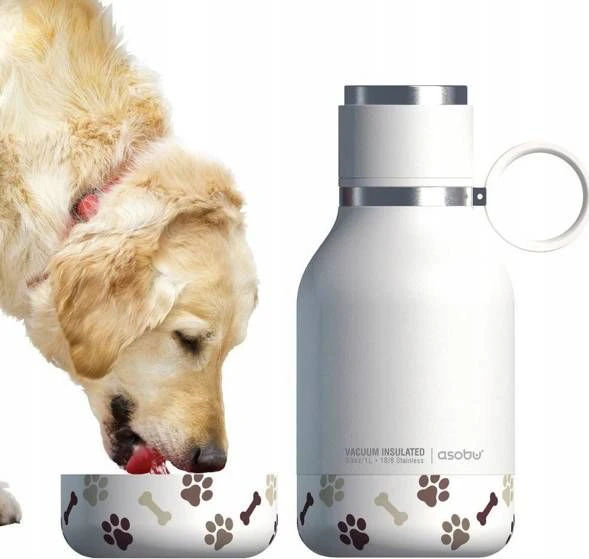 Asobu - Dog Bowl - nerūdijančio plieno butelis su dubenėliu šuniui 1 litras baltas