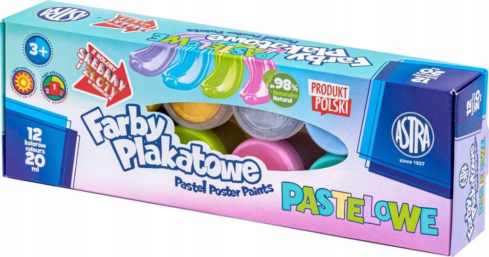 Astra Farby plakatowe pastelowe 12 kolorów x 20 ml STANDART BOX (auksinė, sidabrinė) JM 301123021