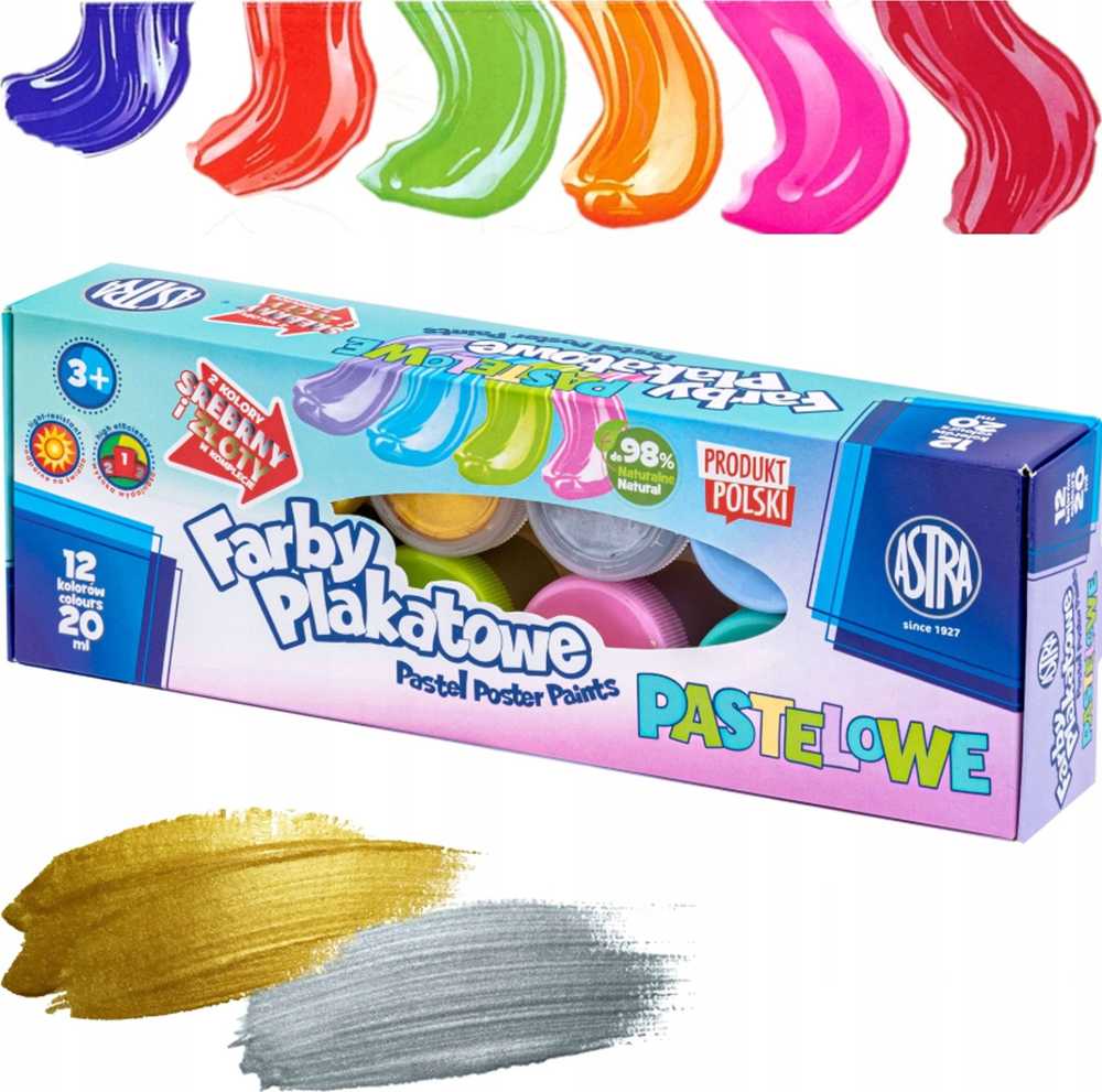 Astra Farby plakatowe pastelowe 12 kolorów x 20 ml STANDART BOX (auksinė, sidabrinė) JM 301123021